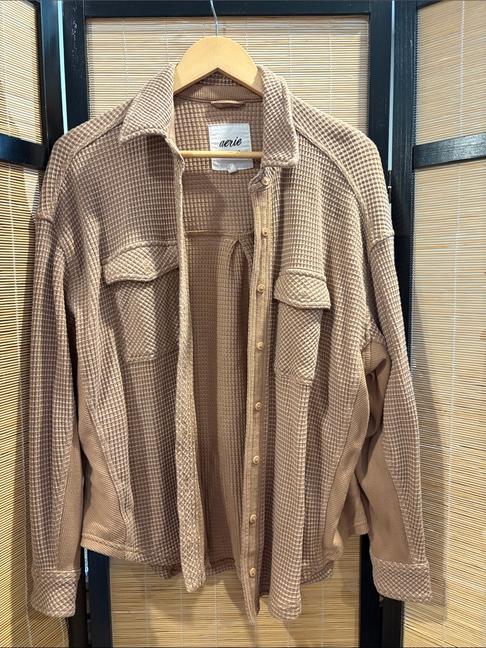 aerie Waffle-Knit Shirt Jacket in Tan